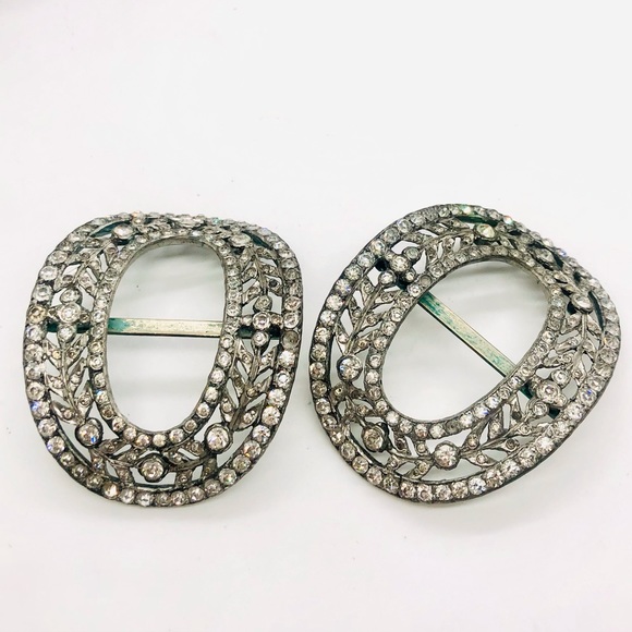 Antique Deco Rhinestone Shoe Belt Slide Clips - Picture 2 of 7